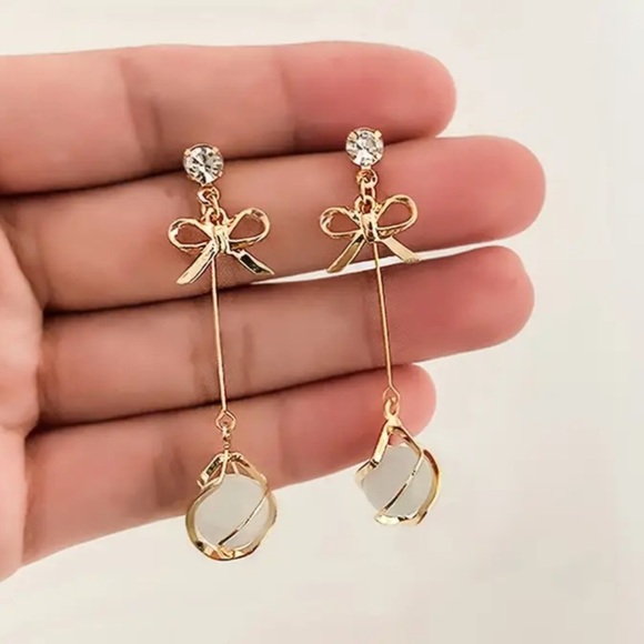 NWOT Bowknot Tassel Drop Earrings Synthetic Gem Alloy 925 Sterling Silver needle - Picture 3 of 5